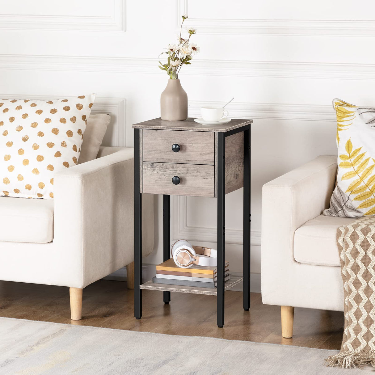 Tall Nightstand, Bedside Table with 2 Drawers and Storage Shelf, Industrial Telephone End