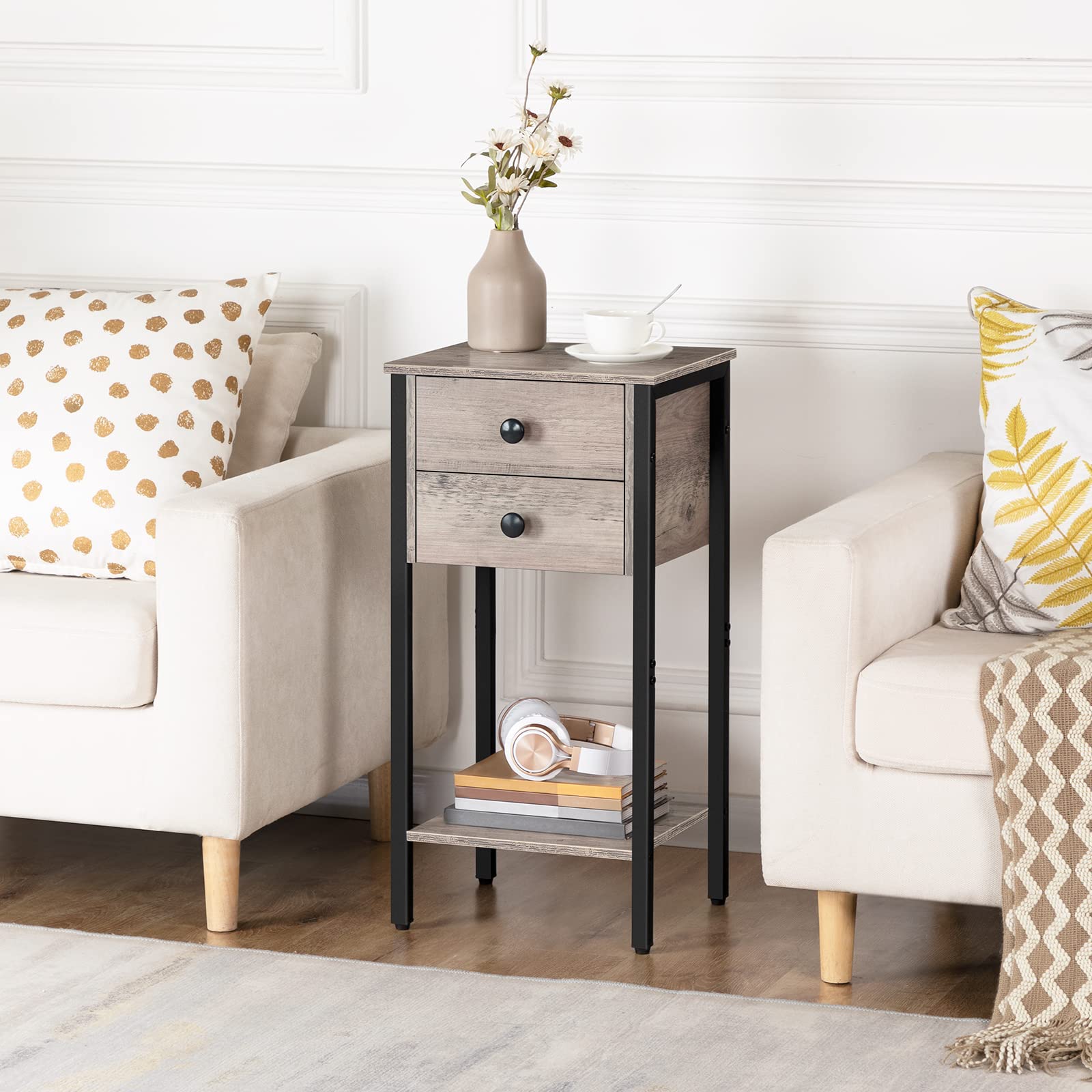 Tall Nightstand, Bedside Table with 2 Drawers and Storage Shelf, Industrial Telephone End