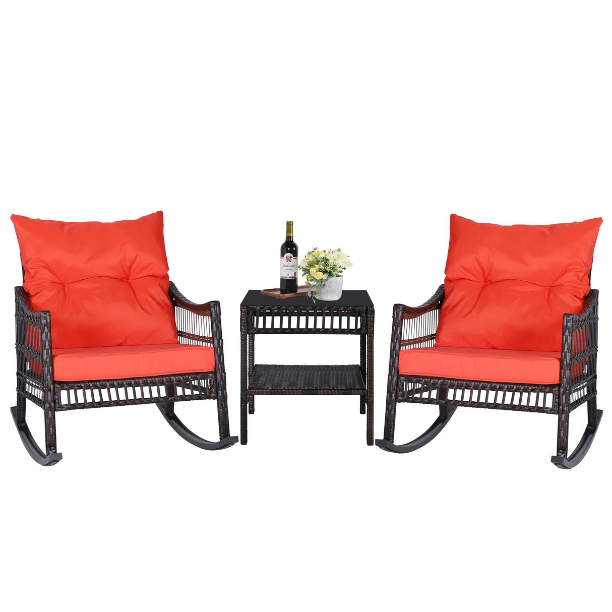 3-Piece Outdoor Rattan Rocking Bistro Set with Cushions & Glass Table