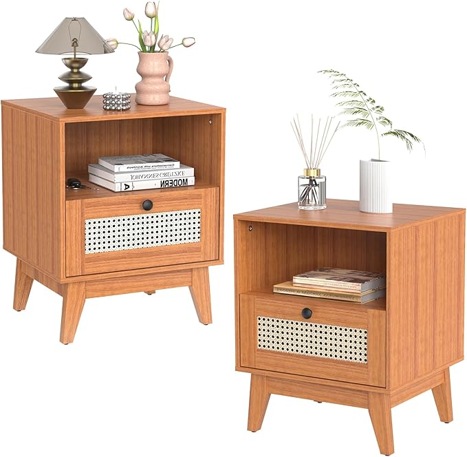 Nightstand Set of 2, Bedside Table with Rattan Drawer and Solid Wood Feet