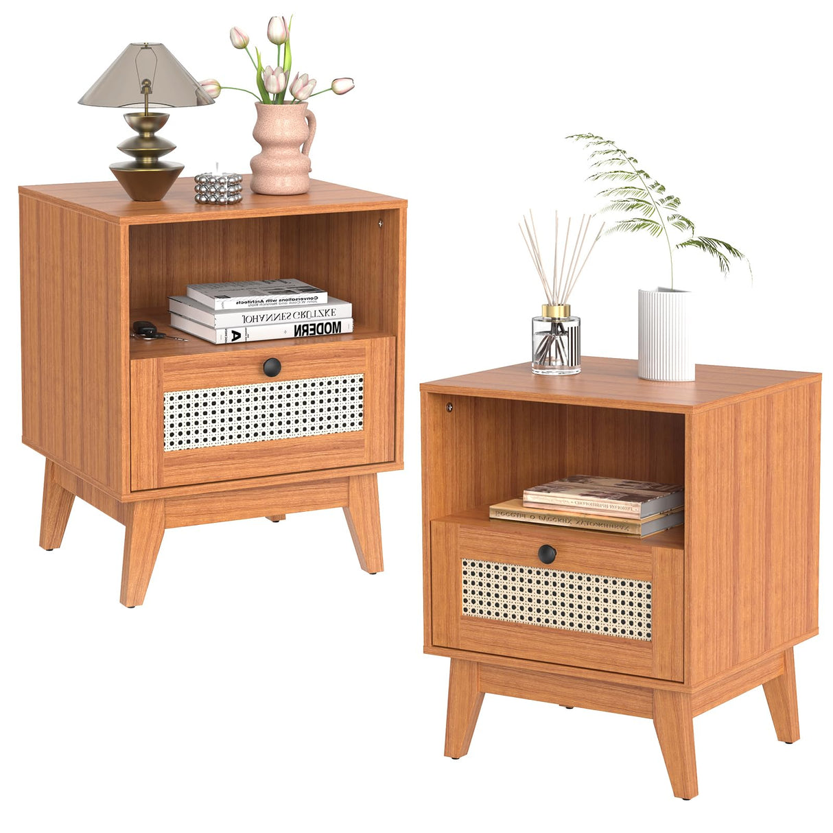 Nightstand Set of 2, Bedside Table with Rattan Drawer and Solid Wood Feet