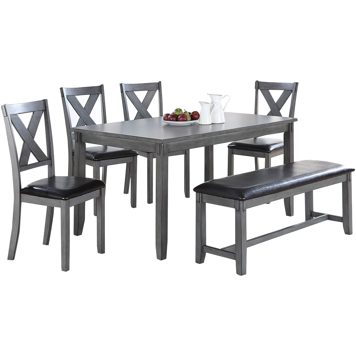 6 Piece Dining Set with Table, 4 Chairs and Bench, Faux Leather, Gray, Black