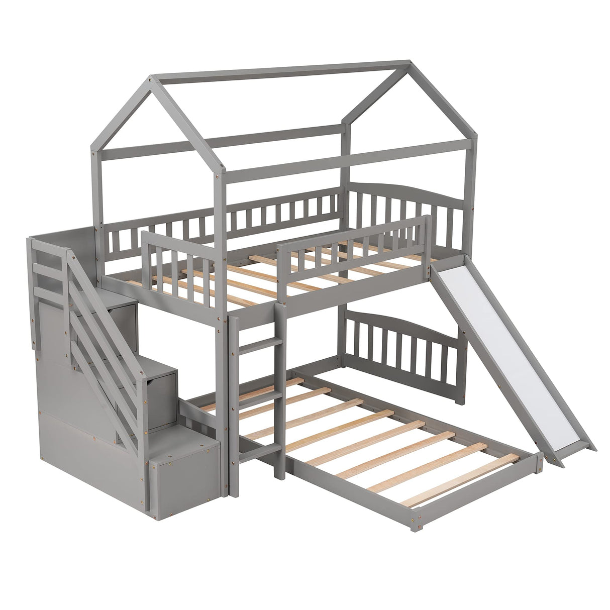 Twin Bunk Bed with Slide, Solid Wood Bunk Loft Bed Frame with Two Drawers Stairs