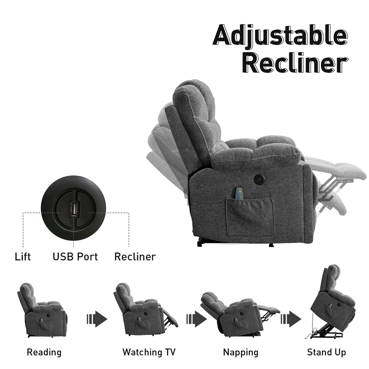 Power Lift Recliner Chair with Massage and Heat, Large Comfortable Chenille