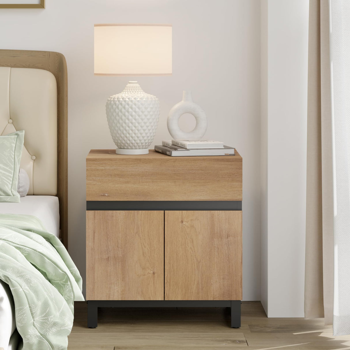 Nightstand with 1 Drawer & 1 Storage Cabinet