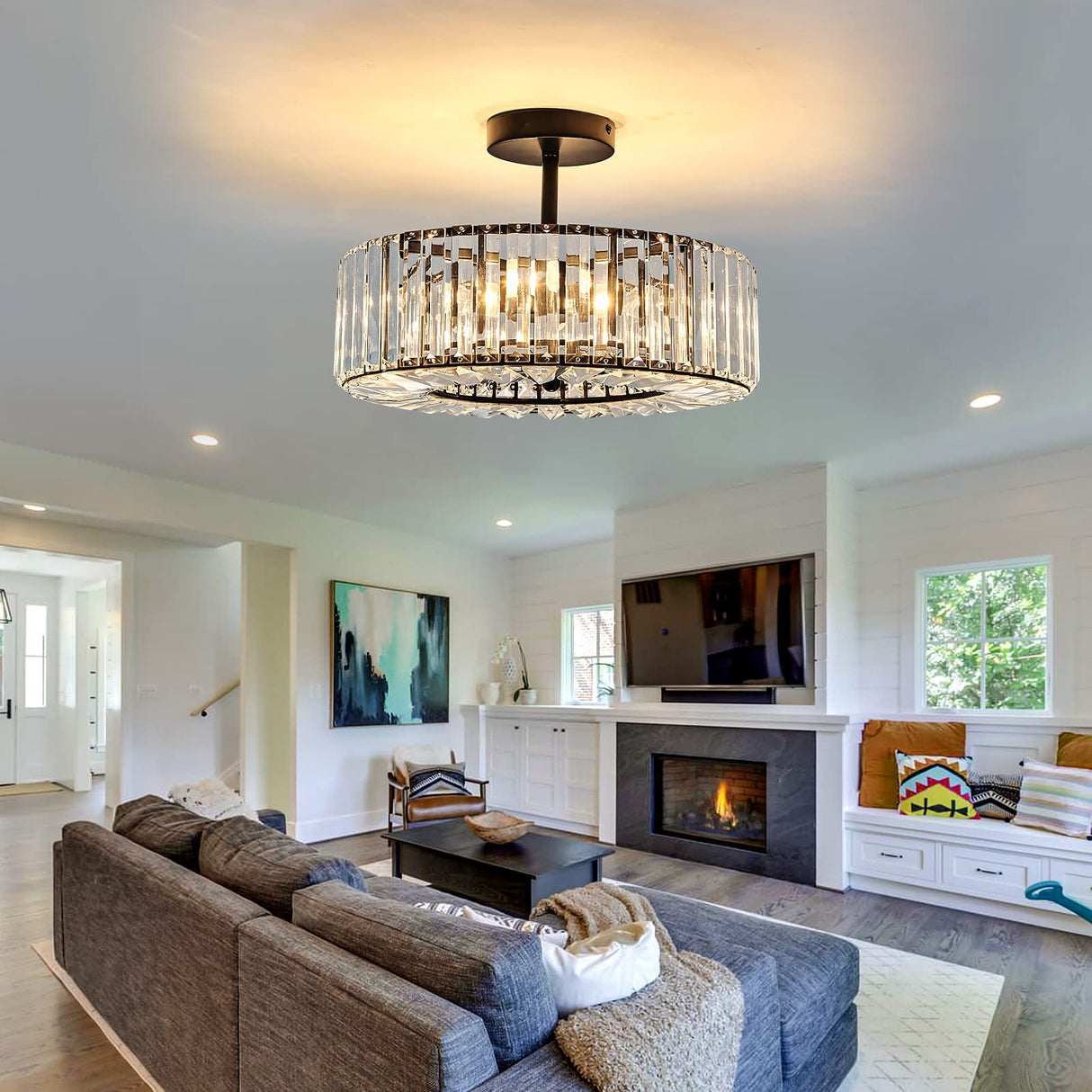 4 Lights Modern Crystal Chandelier Black Round Semi Flush Mount