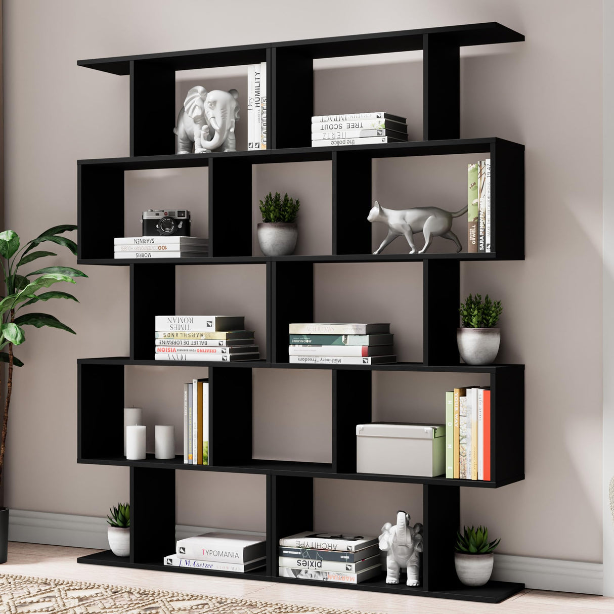 Castle Set of 2 Geometric Bookcase, S-Shaped Modern Bookshelf, Room Divider Bookshelf, 62" Tall Unique Abstract Bookcase with 5-Tier Display Shelf for Living Room Office, Black