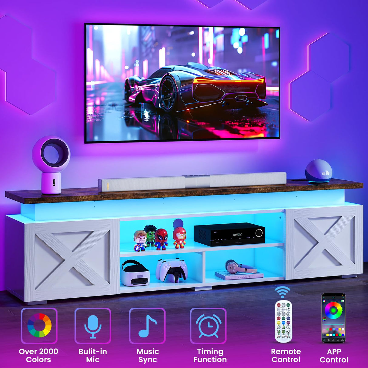 Farmhouse TV Stand for 80 Inch TV with RGB Lighting and Power Outlets