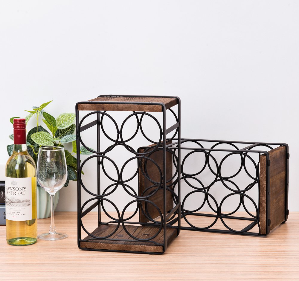Rustic Wood & Metal Wine Rack – 6 Bottle Countertop Holder
