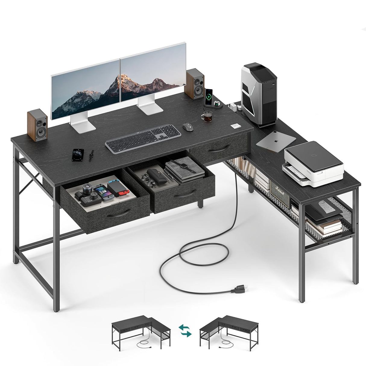 55" L Shaped Gaming Desk with Power Outlet, Reversible Computer Desk with Drawers, 40.5" Large Legroom Corner Gaming Desk, Unique Grid Design, Home Office Desks L-Shaped Gaming Table, Black