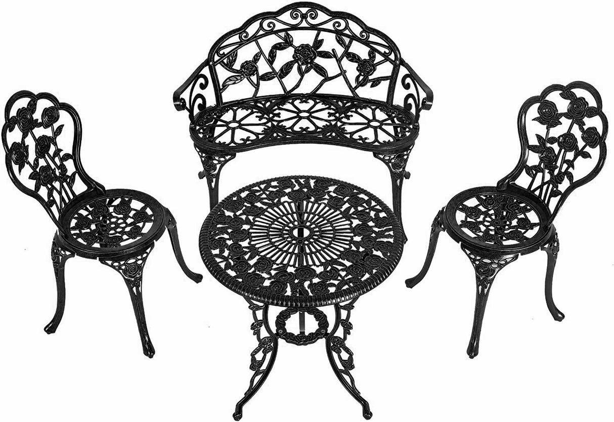 Cast Aluminum Bistro Set of 4, Patio Rose Table and Chair Set with Umbrella Hole