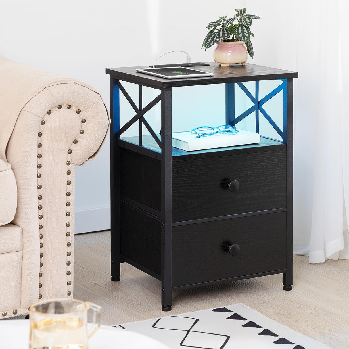 Night Stand Set 2, LED Nightstands for Bedroom Set of 2 with Charging Station