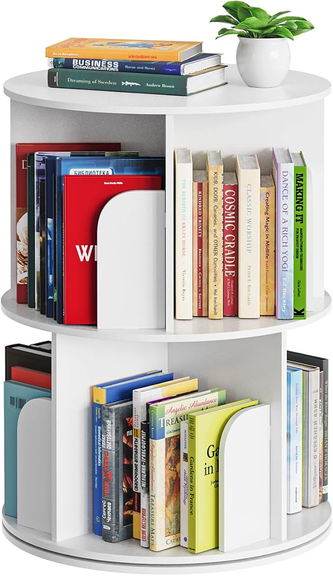 Cross Style 4 Tier Rotating Bookshelf, Spinning 360 Bookcase Lazy Susan Tower