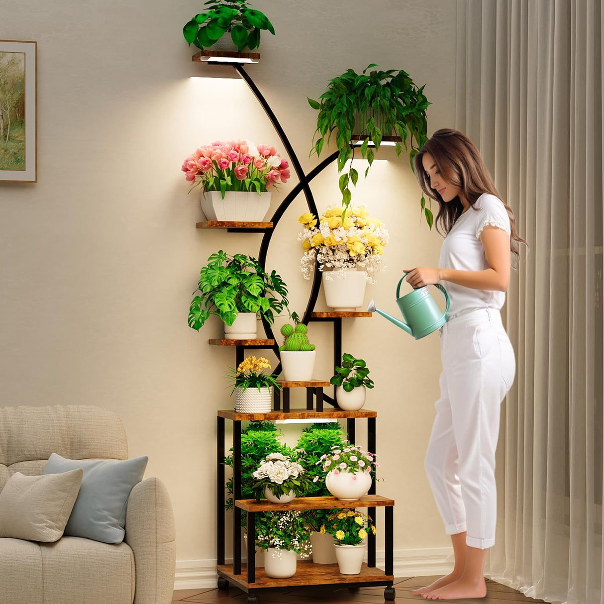 74 Inches Metal Plant Stand Indoor with Grow Lights, 9 Tier Lighted Plant Stands