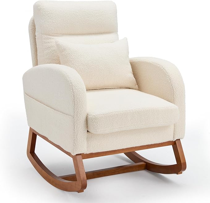 Teddy Upholstered Glider Rocking Chair with Side Pockets, Accent Chair with High