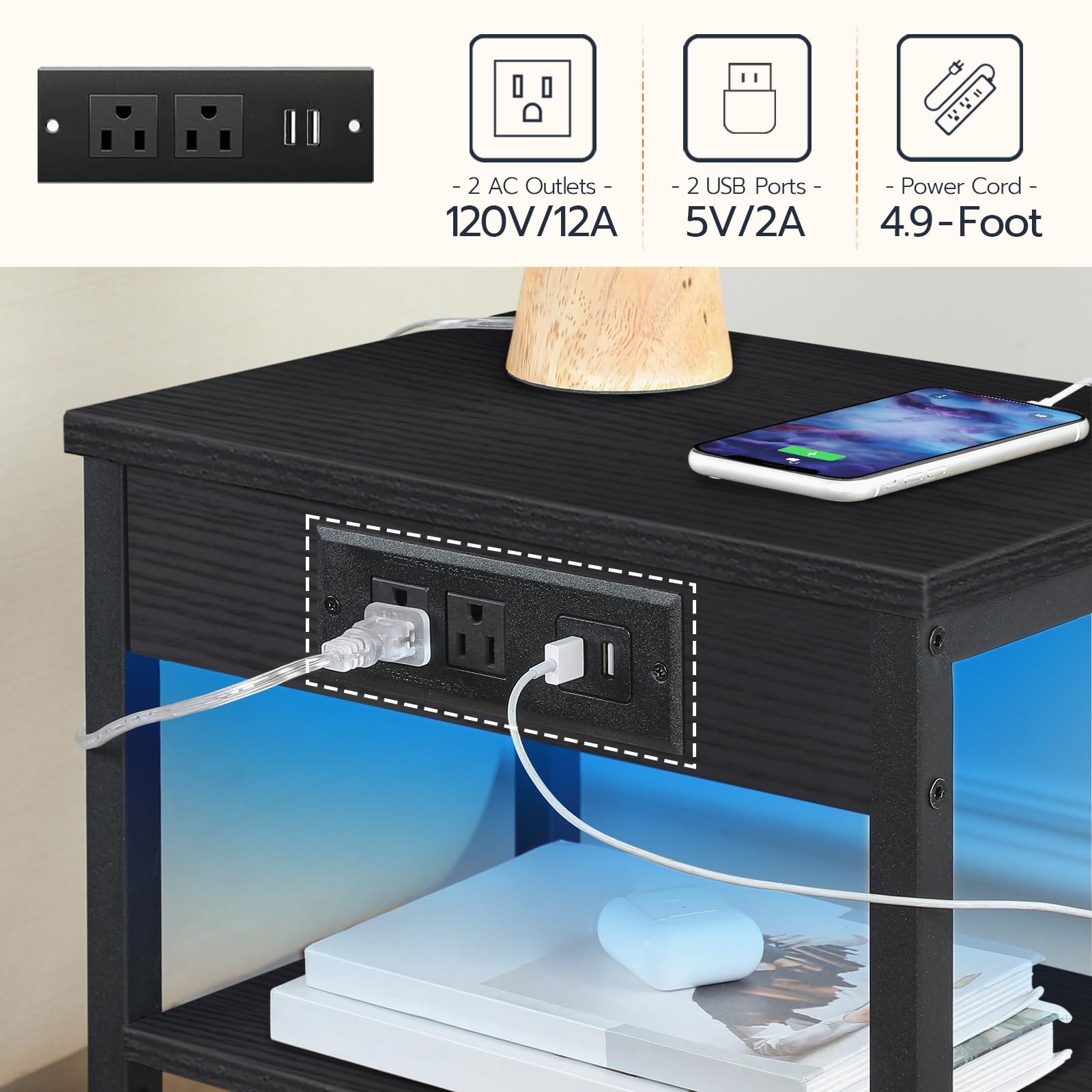 Side Table with Charging Station and LED Lights, Small End Table with Storage Shelves