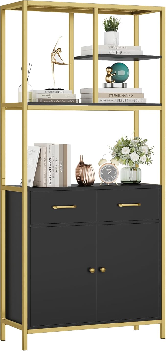 all Bookshelf, Modern White and Gold Bookcase, Book Shelves with Drawers and Storage Cabinet, Metal Etagere Bookcase Display Shelves for Home Office, Gold/White