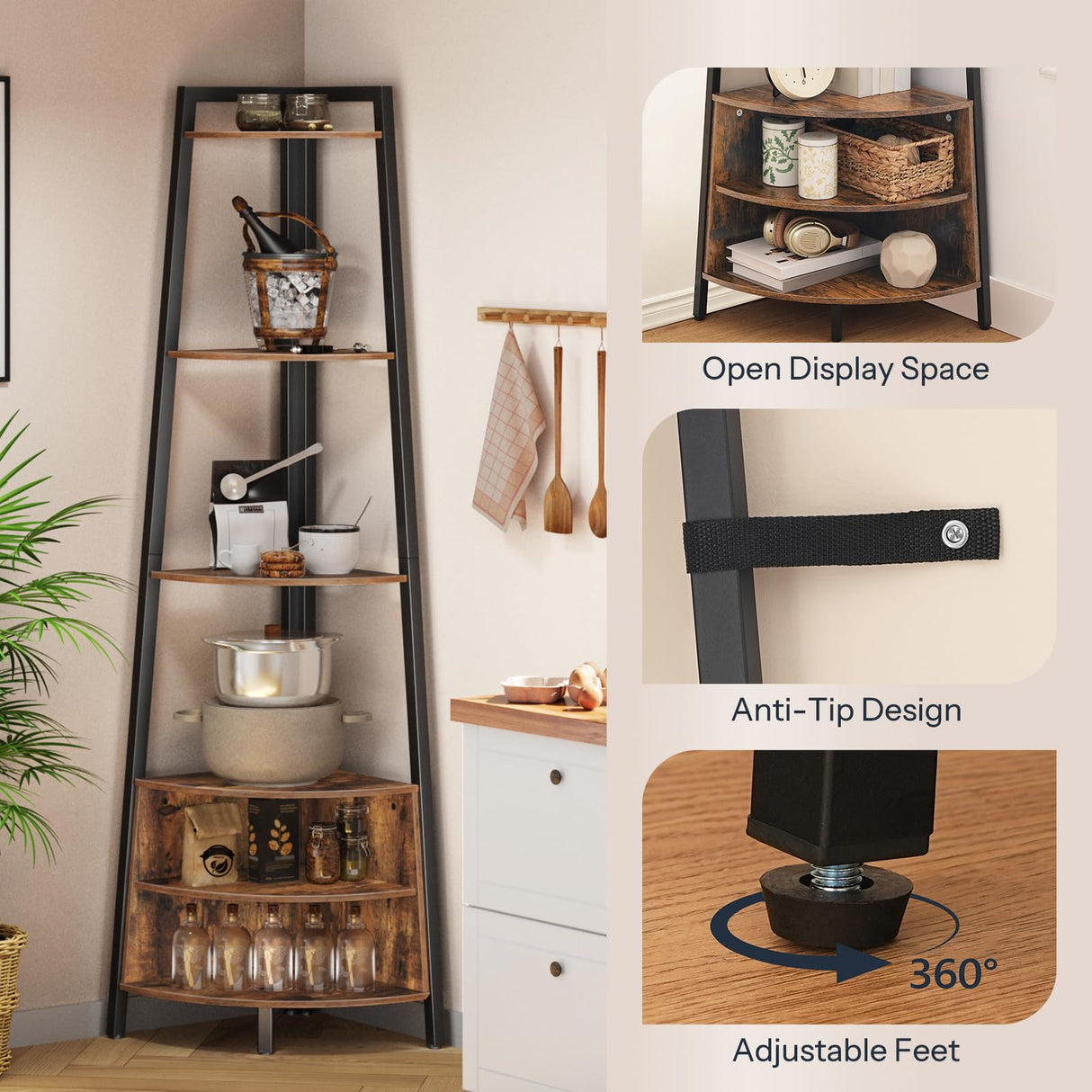 6-Tier Corner Shelf, 67 Inch Tall Corner Shelf Stand, Industrial Ladder Corner Bookshelf,