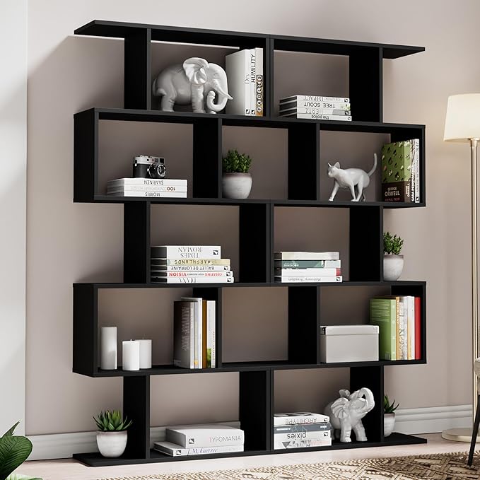 Set of 2 Geometric Bookcase, S-Shaped Modern Bookshelf, Room Divider Bookshelf, 62" Tall Unique Abstract Bookcase with 5-Tier Display Shelf for Living Room Office, White & Black