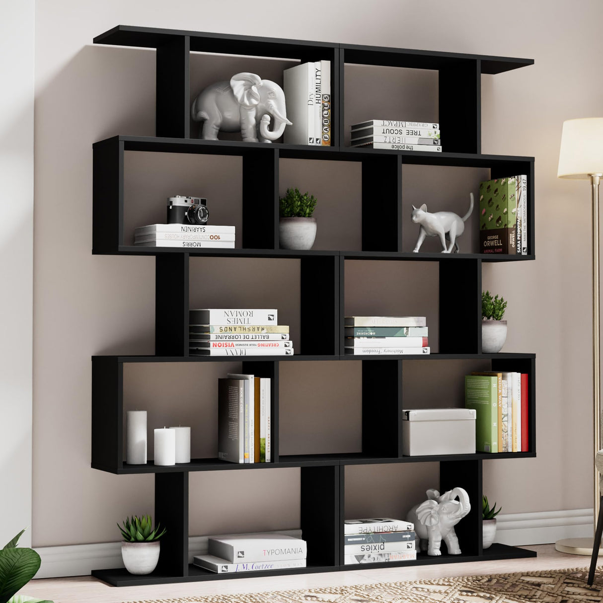 Castle Set of 2 Geometric Bookcase, S-Shaped Modern Bookshelf, Room Divider Bookshelf, 62" Tall Unique Abstract Bookcase with 5-Tier Display Shelf for Living Room Office, Black