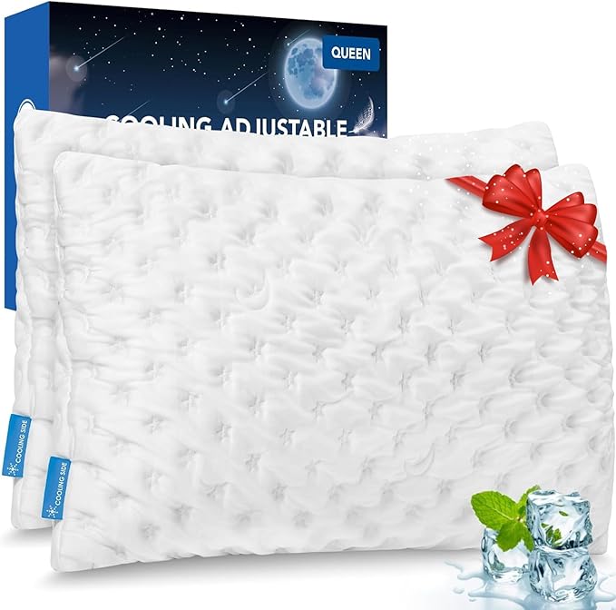 Cooling Side Sleeper Pillow for Neck and Shoulder Pain, Luxury Shredded Memory Foam Curved Bed Pillows for Sleeping Set of 2