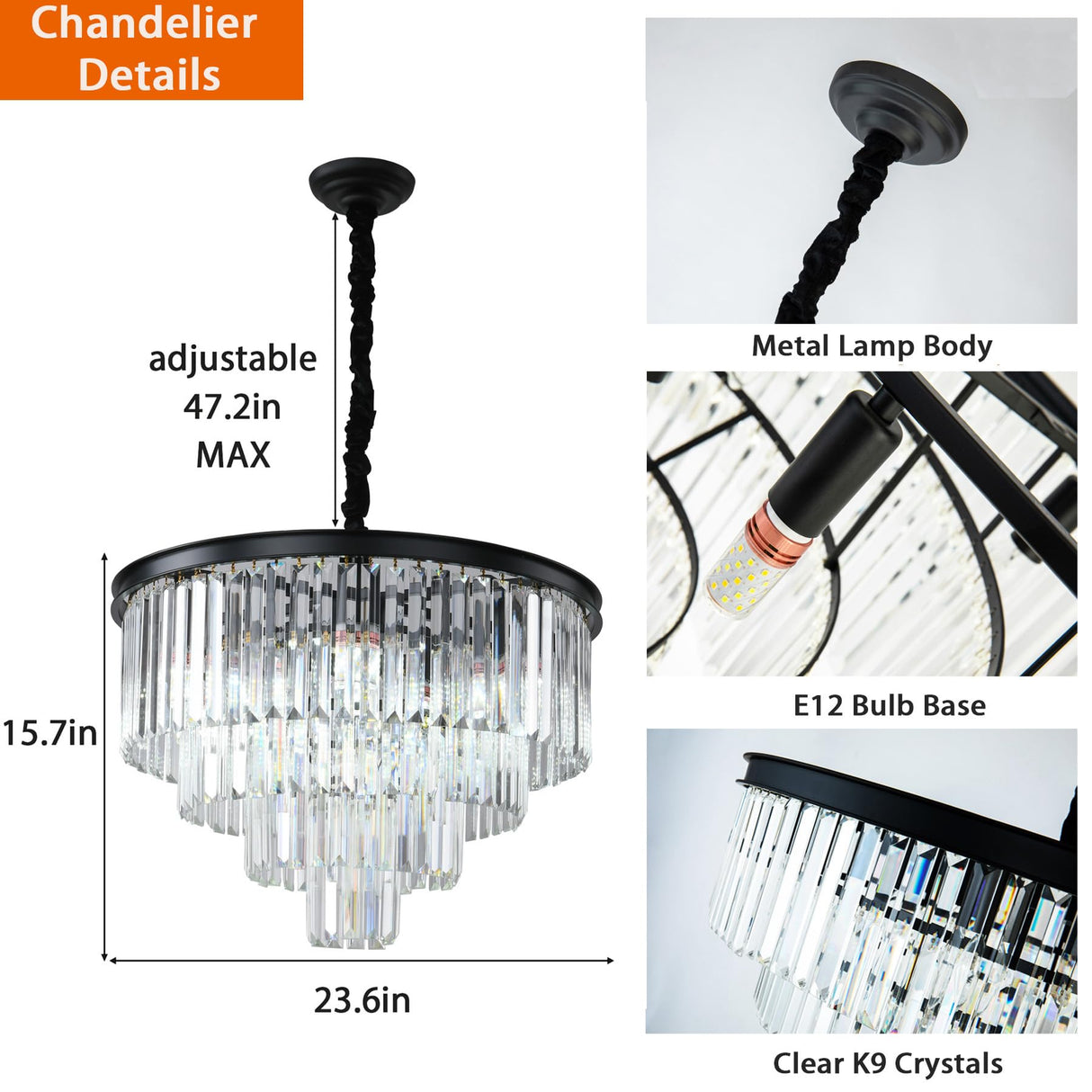 ELGOBST Black Modern Crystal Chandelier Lighting K9 Crystal Round Chandelier Hanging Ceiling Light Fixture 4-Tier Contemporary Crystal Pendant Light for Dining Room Living Room Bedroom 23.6inch