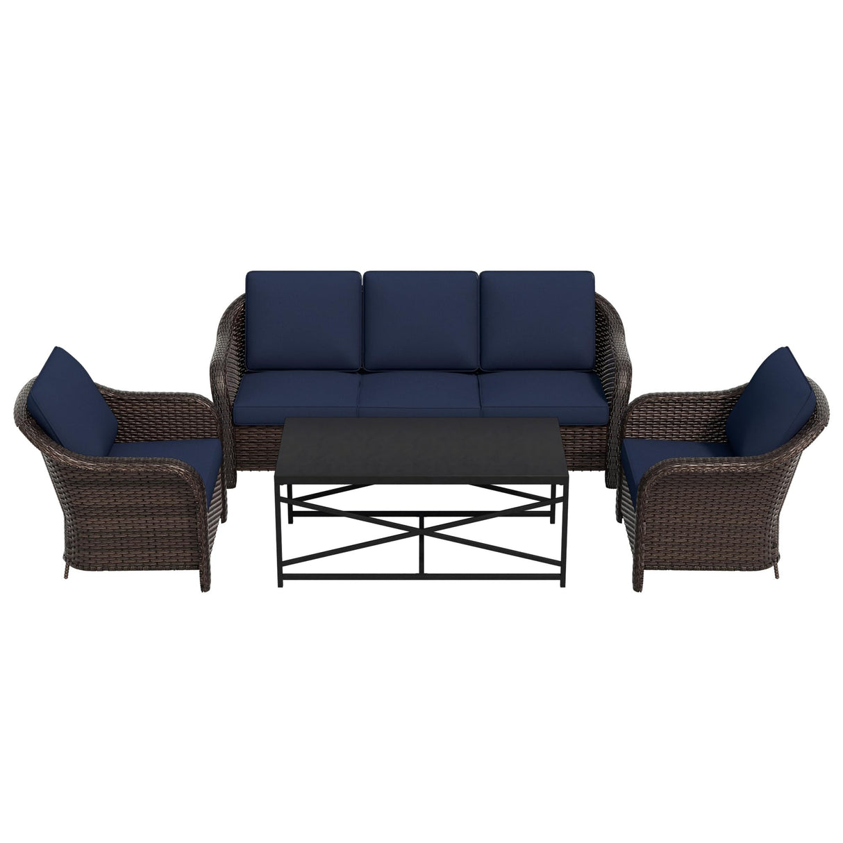 4 Pieces Outdoor Patio Conversation Furniture Set - Rattan Wicker Loveseat Sofa | 78" 3-Seat Couch | 2 Chairs | Metal Coffee Table, Washable Cushions, Garden, Deck, Terrace (Navy)