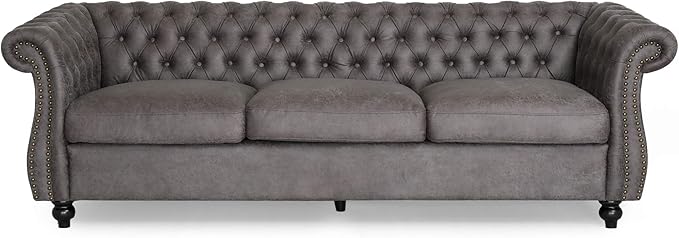 Tufted Jewel Toned Velvet Sofa with Scroll Arms, BlackBerry