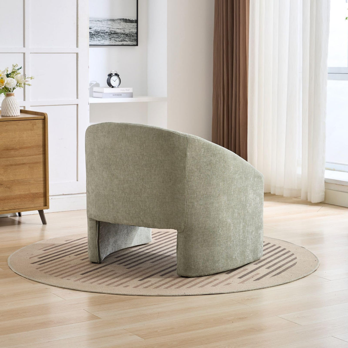 Green Accent Chair Modern Barrel Accent Chair Chenille Fabric Oversized Armchair Comfy Upholstered Single Sofa Chair for Living Room Bedroom Apartment Lounge