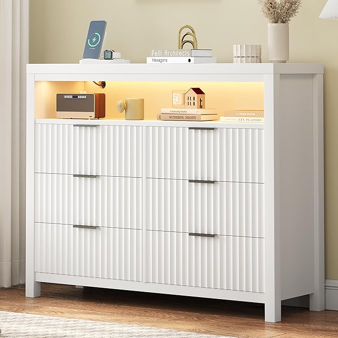 Fluted 6 Drawer Dresser with Power Outlet and LED Lights,Modern Chest of Drawers