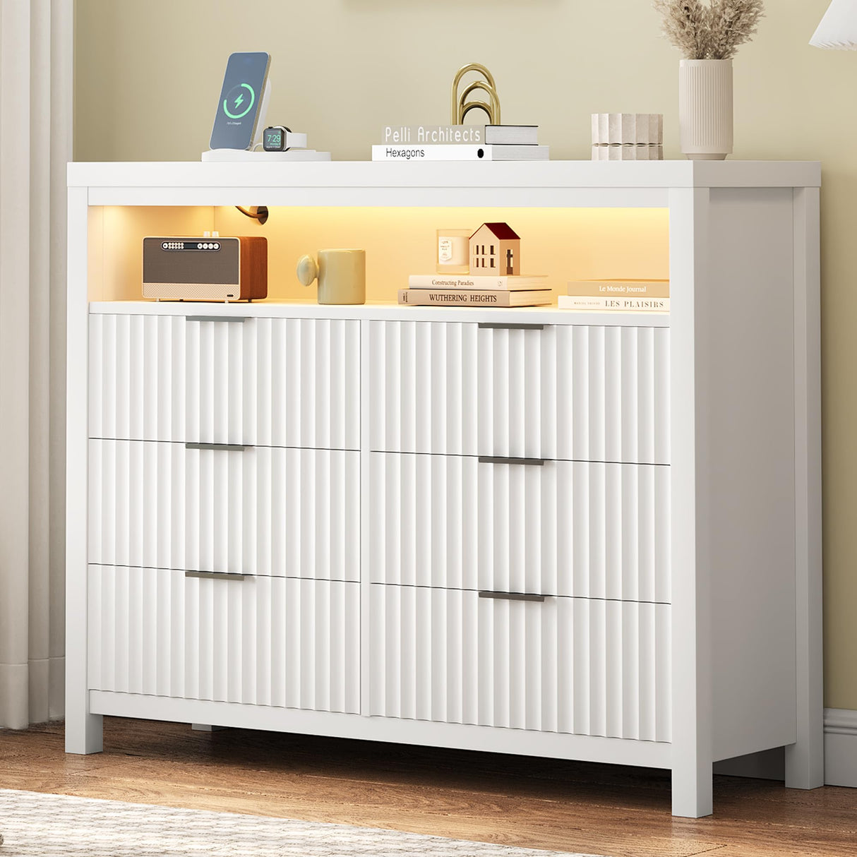 Fluted 6 Drawer Dresser with Power Outlet and LED Lights,Modern Chest of Drawers