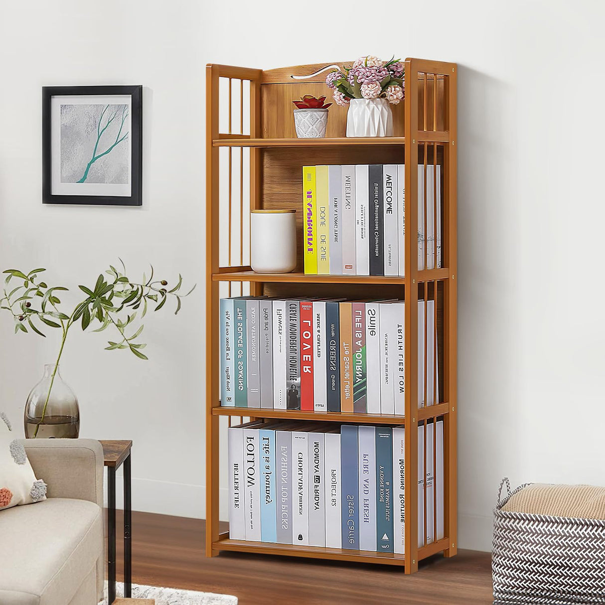 4 Shelf Bamboo Bookshelf Freestanding Display Shelf, Tall Bookcase Rack Organize for Home Office Library Small Narrow Space (Natural, 19.7" L x 9.8" W x 43.7" H)