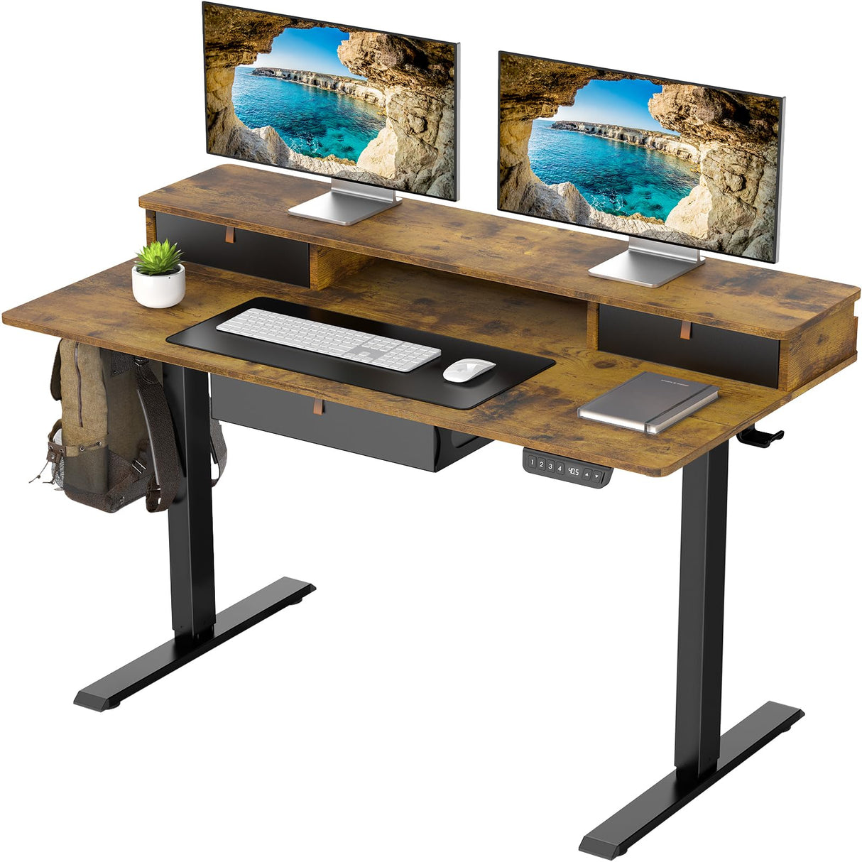 Standing Desk with 3 Drawers and Raised Storage Shelf, Electric Height Adjustable Sit Stand Table