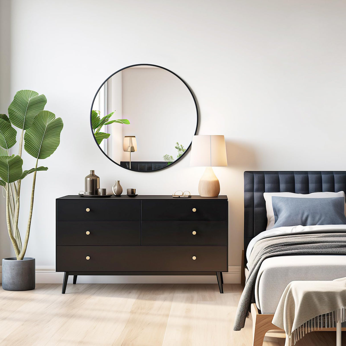 Black Round Mirror – Modern Vanity Mirror with Metal Frame