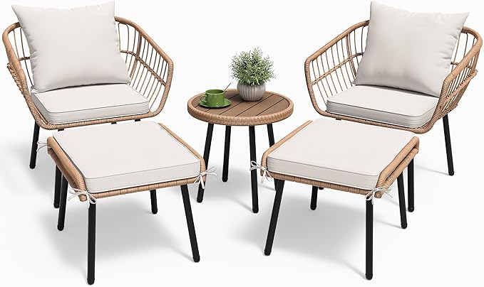 5 Piece Patio Bistro Set, Outdoor Wicker Conversation Set with Ottomans and Side Table
