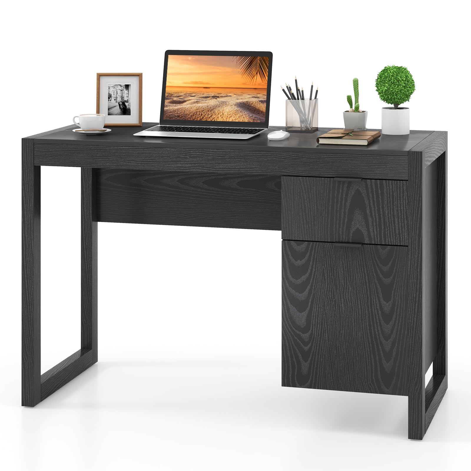 Computer Desk with Storage Cabinet & Drawer, White Wooden Home Office Desk