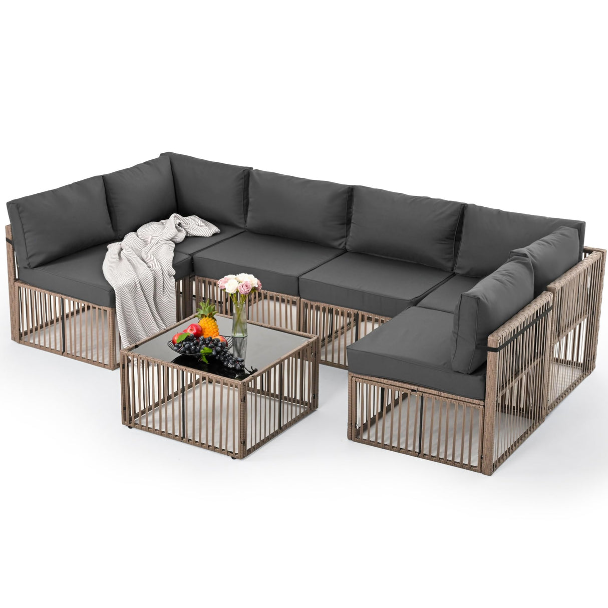 7 Pieces Outdoor Sectional, All-Weather PE Rattan Patio Furniture Set