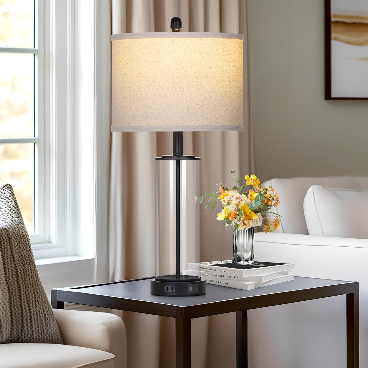 26" Black Glass Table Lamps Set of 2, 3-Way Dimmable Touch Control Living Room Lamp