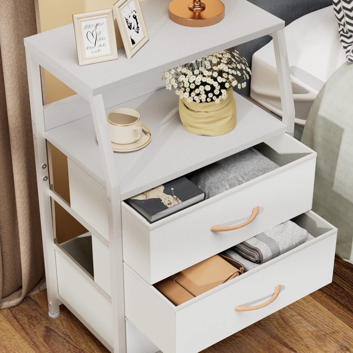 Nightstand with 3 Drawers and 2-Tier Shelf, Small Night Stand