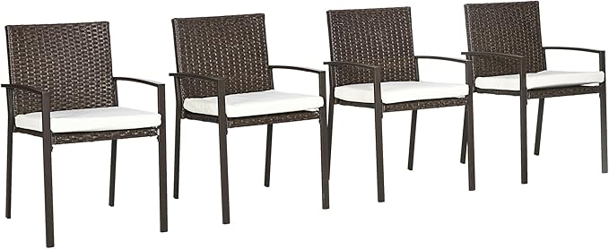 2 Piece PE Rattan Outdoor Dining Chairs with Cushion, Patio Wicker Dining Chair Set