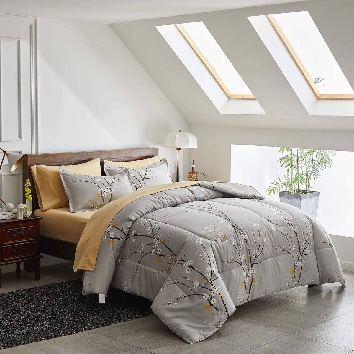 Gray Comforter Sheet Set Bed in a Bag 7 Pieces King Size Tree Branch Bloom Flower Spring Summer Bedding Set (1 Comforter 2 Pillow Shams 1 Tan Flat Sheet 1 Fitted Sheet 2 Pillowcases)