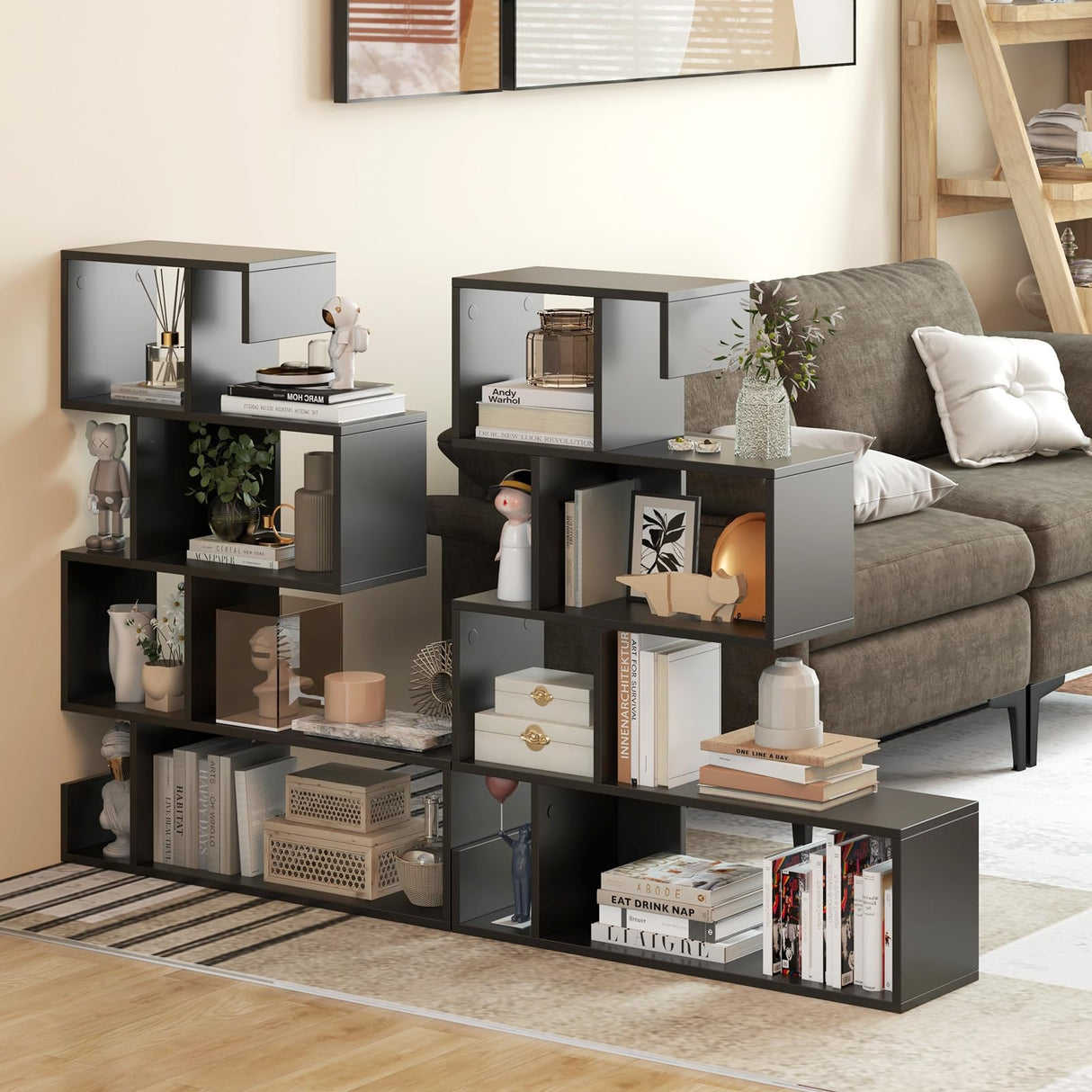 Shaped Bookshelf, 5-Tier Modern Geometric Stepped Bookcase with Anti-Tipping Kits, Freestanding Corner Ladder Display Rack for Living Room Home Office (1, Black)