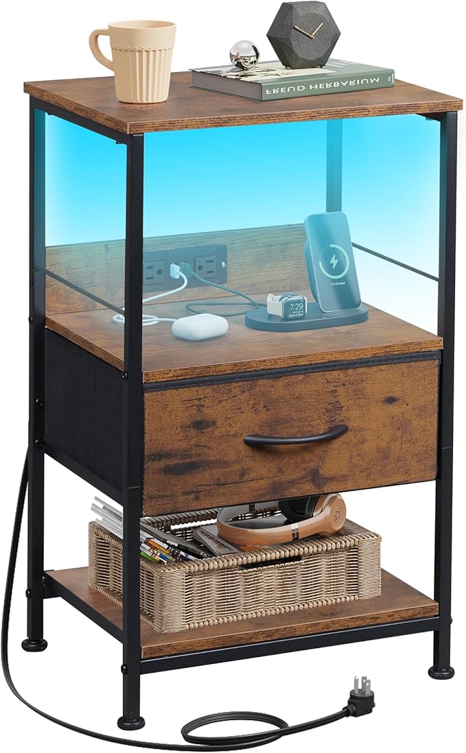 Night Stand with Charging Station, LED Nightstand