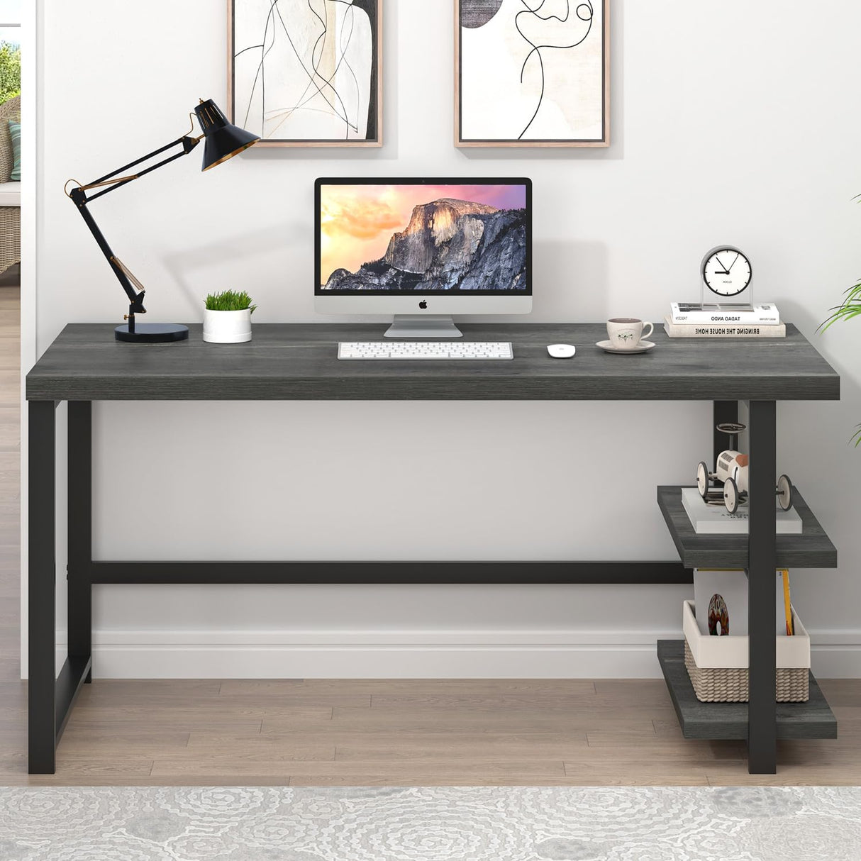 Industrial Computer Desk, Home Office Desk with Storage Shelves, Wood Study Writing
