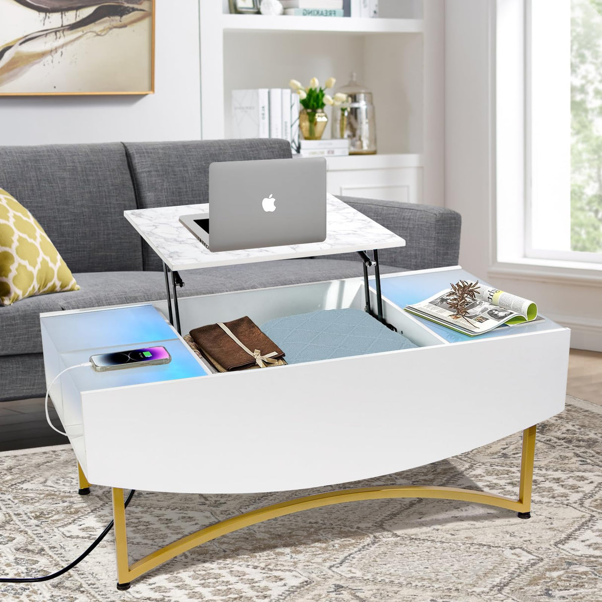 Coffee Table with Charging Station - 40" L×20" W×17" H Wood Rectangular Coffee Table