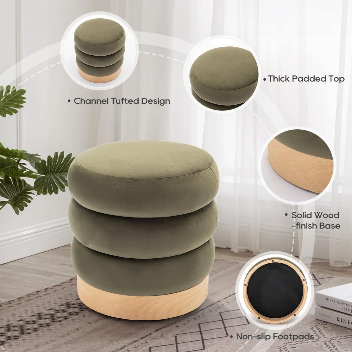 Velvet Ottoman Footstool, Tufted Modern Foot Rest Stool with Wood Base