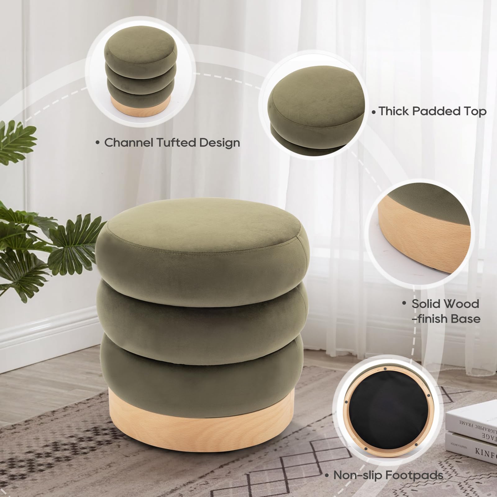 Velvet Ottoman Footstool, Tufted Modern Foot Rest Stool with Wood Base