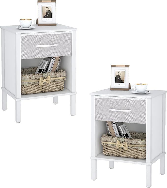 End Table Set of 2, White Nightstand with Fabric Drawer, Bed Side Table,Side Table