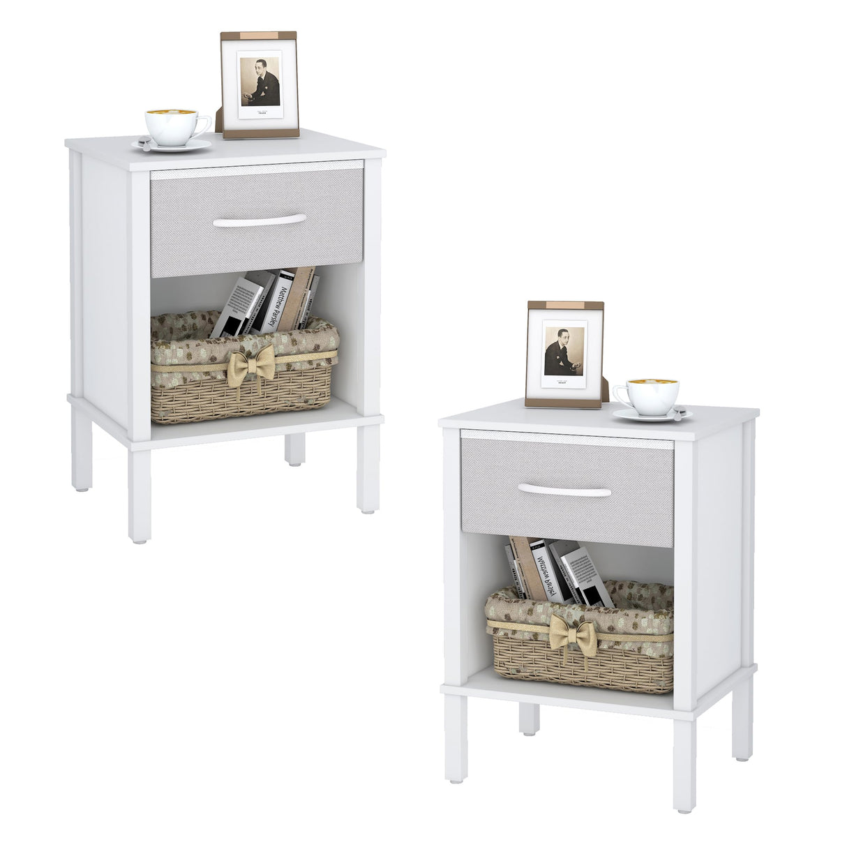 End Table Set of 2, White Nightstand with Fabric Drawer, Bed Side Table,Side Table