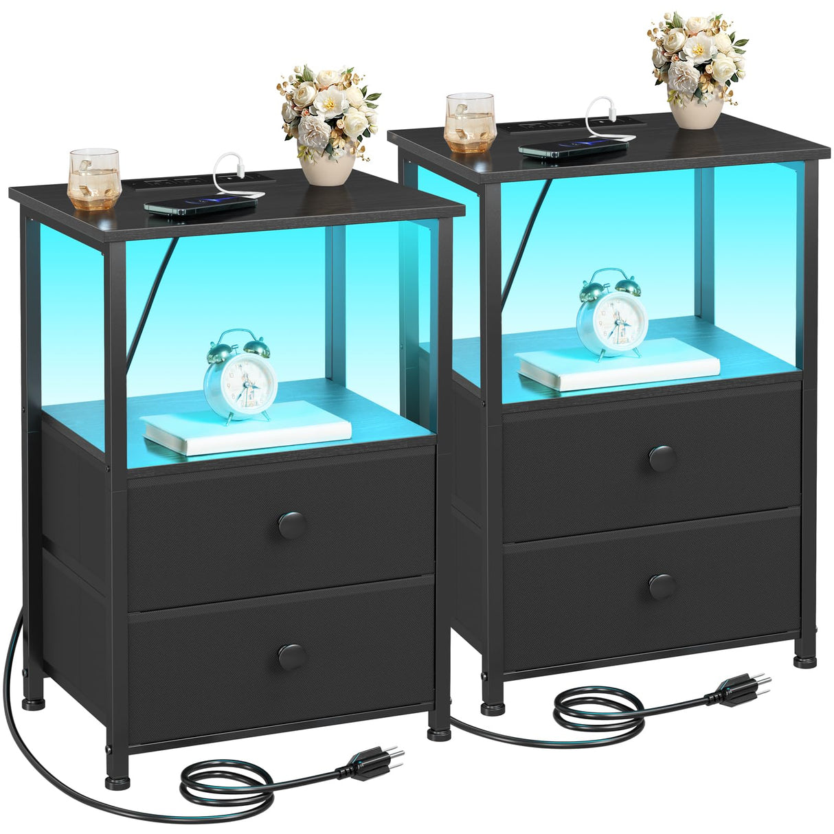 Night Stand Set 2, LED Nightstand with Charging Station